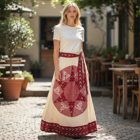 Glen of Michigan Dresses & Skirts - Vintage 70's Glen of Michigan Red Cream Patchwork Star Maxi Skirt Medium READ